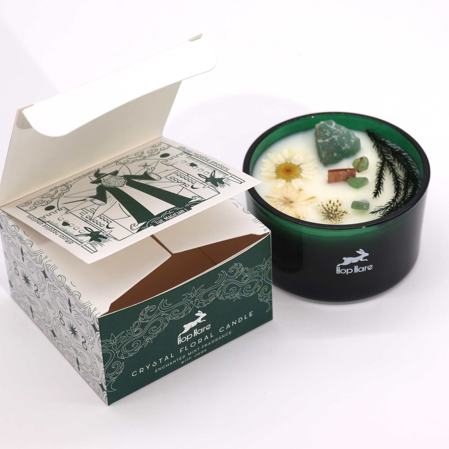 Kristallkerze mit Minzduft, Jade & Trockenblumen – „Minted Calm“